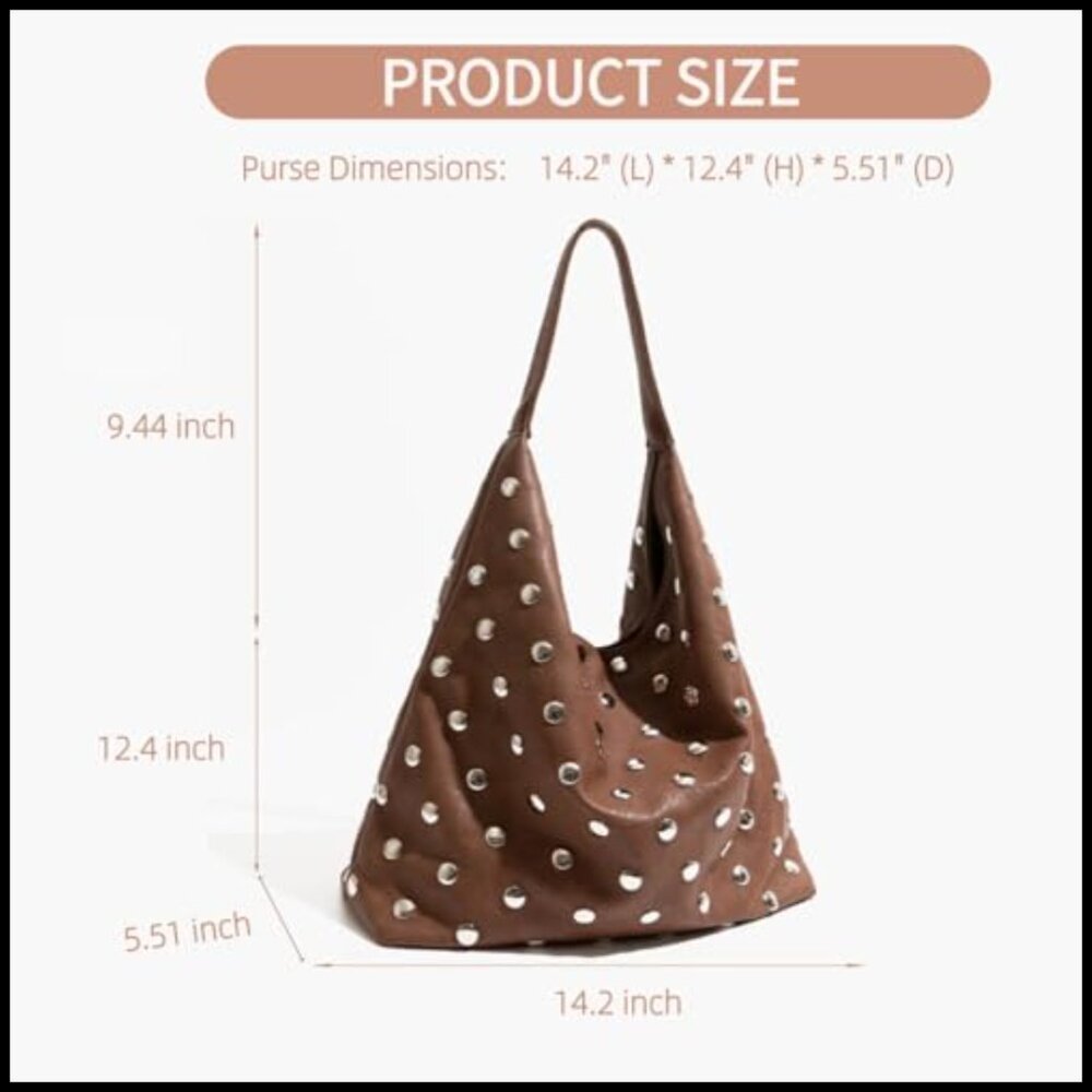 Studded Vegan Leather Hobo Bag Slouchy Shoulder Tote Y2K Punk Chic - Picture 6 of 7